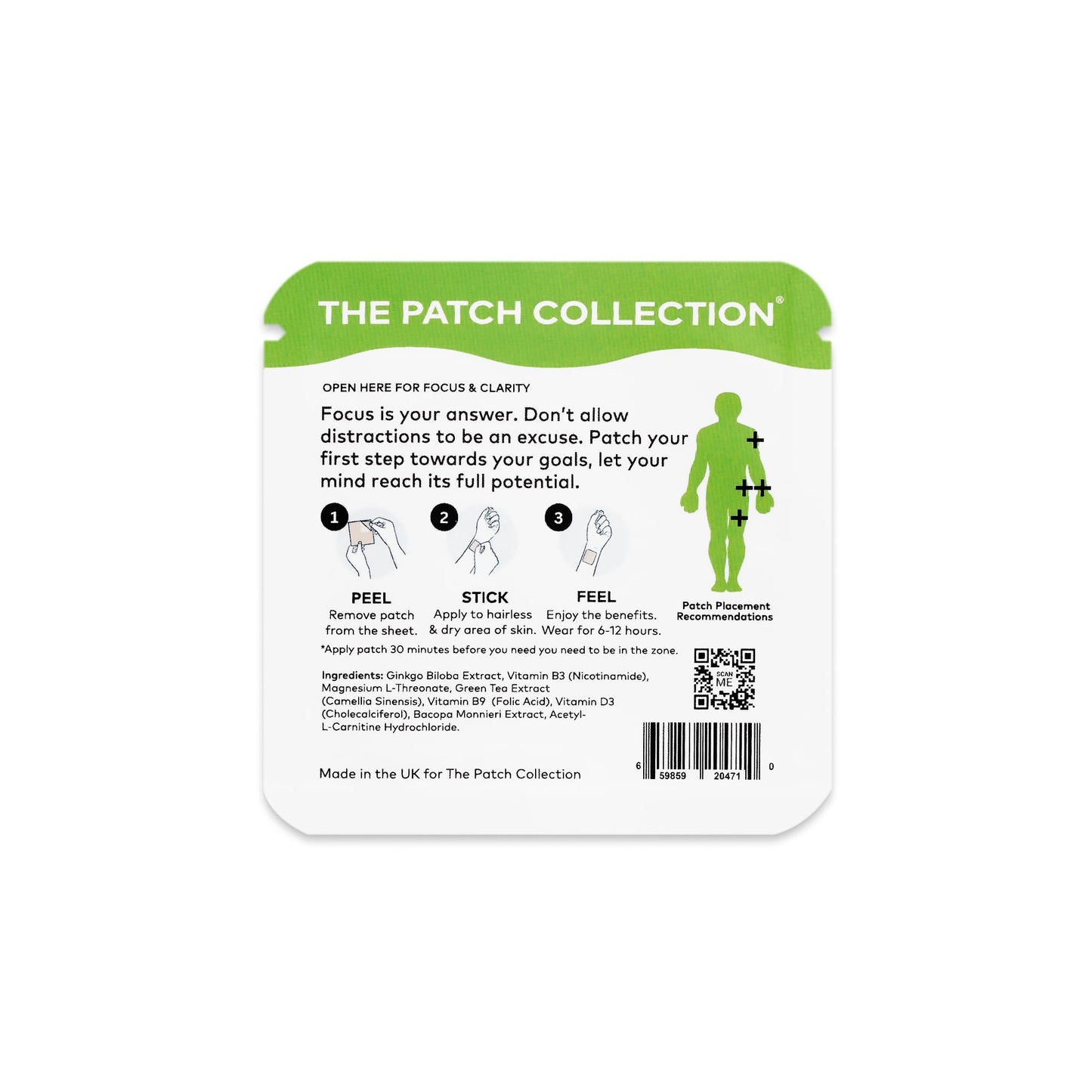 The Patch Collection® - Ultimate Focus & Clarity Patch for Improved Brain Function, Sharpness, Memory | Ginkgo Biloba, Green Tea, B-Vitamins, Magnesium | 8 Hour Focus | Vegan & Latex Free (Pack of 1)