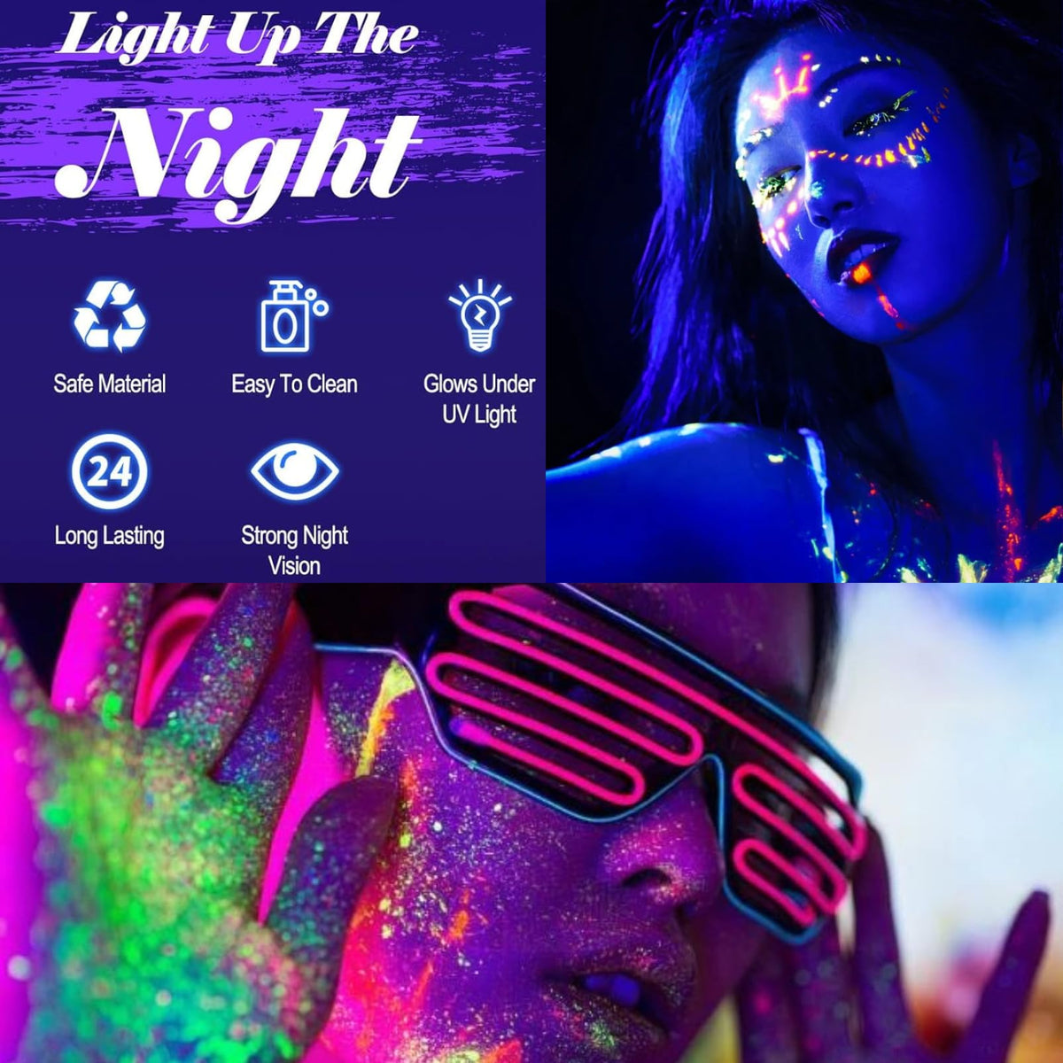 SHEBEEDO 6 Colors UV Glow Neon Face and Body Paint Set, Glow in the Dark Face Paint kit, Fluorescent Body Paint, Safe Non-Toxic Quick-Dry Paint for Halloween, Festivals, Parties, and Cosplay