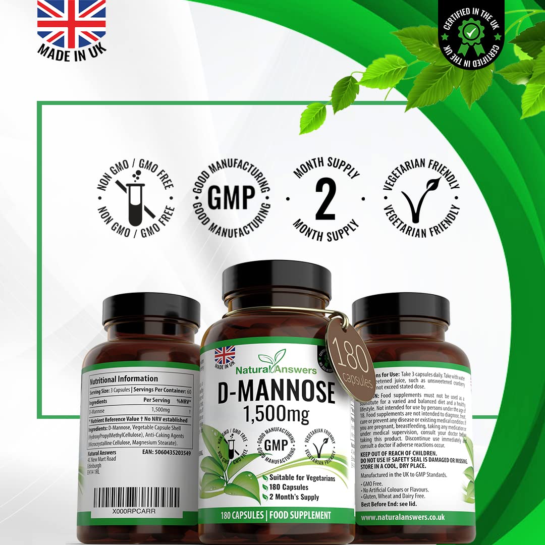 Natural Answers D-Mannose 180 Capsules - Max Strength 1500mg per Serving - Precision DMannose - Vegetarian Capsules not Tablets or Pills, Made in The UK (180 Count (Pack of 1))