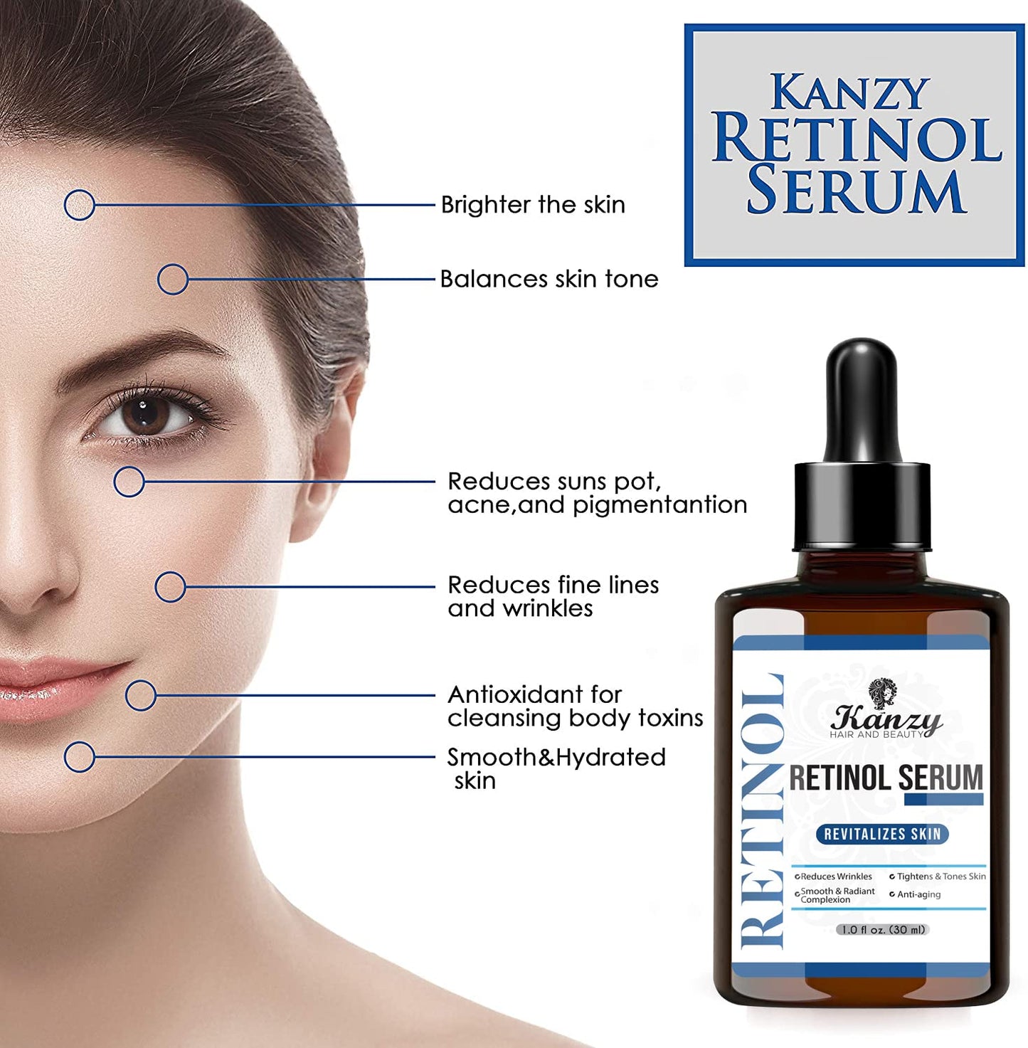 Kanzy Retinol Serum High Strength for Face 2.5% with Hyaluronic Acid Serum for Face and Skin with Vitamin E, Anti Aging, Anti Wrinkle Facial Serum Moisturizer Reduce Dark Circles 30ml