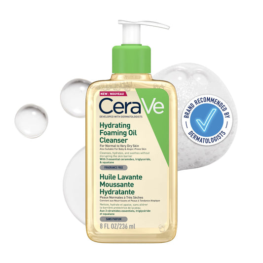 CeraVe Hydrating Foaming Oil Cleanser With 3 Essential Ceramides, Triglyceride, & Squalane, Oil-to-Foam Formula For Normal to Very Dry Skin, Face & Body Cleanser, Dermatologist Developed, 236ml