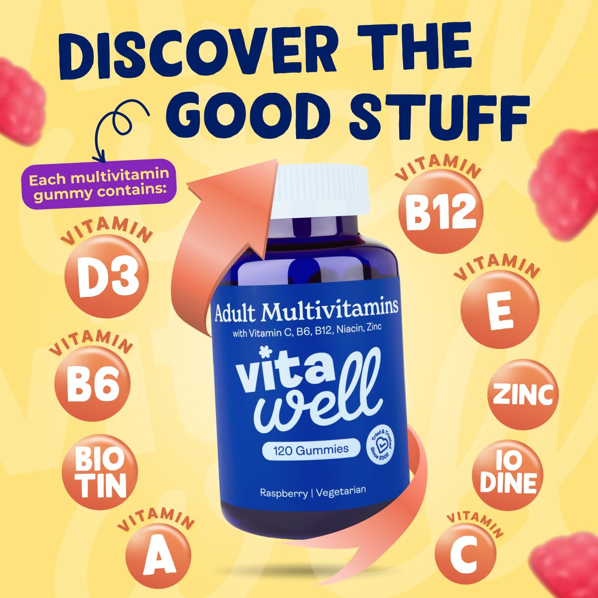 Vitawell Adult Multivitamin Gummies - 120 Raspberry Flavour Gummies (2 Month Supply) | Complex Vitamin D Formula | Chewable Multivitamins for Men & Women | Immune Support | 10 Essential Adult Vitamin
