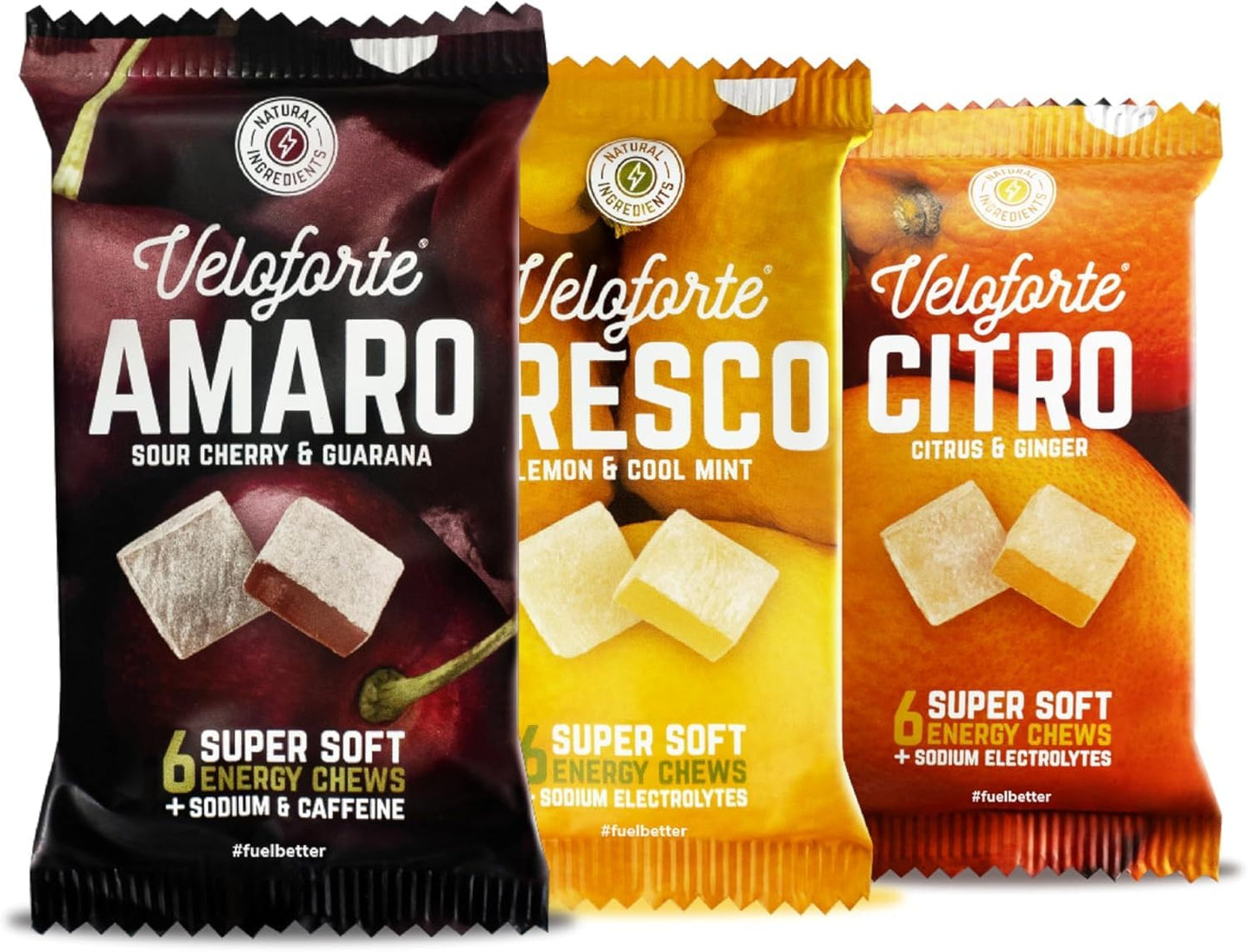 Veloforte Mixed Energy Chews For Running, Cycling, Triathlon | Powerful natural ingredients. Great taste, melt-in-mouth clean alternative to shots or gummies | Variety | Amaro, Citro & Fresco |9-pack