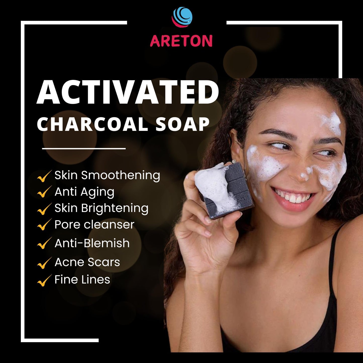 Areton High Grade Salicylic Acid Soap with 5 Active ingredients, Activated Charocal, Salicylic Acid, Kojic Acid, Aloe Vera for Skin Exfoliation, Brightening, Helps purify pores 80g