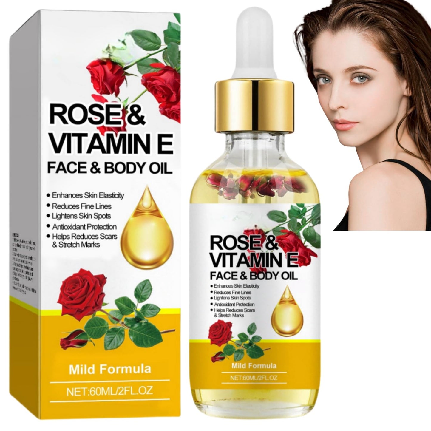 BigyQiu Rose Vitamin E Oil,Rose Vitamin E Face & Body Oil,Natural Rose Essential Oil for Scars,Rosehip Oil for Face,Body Oil for Dry Skin,Face Oil Anti-Ageing,Pure Vitamin E Oil,Reduces Fine Lines and Winkles