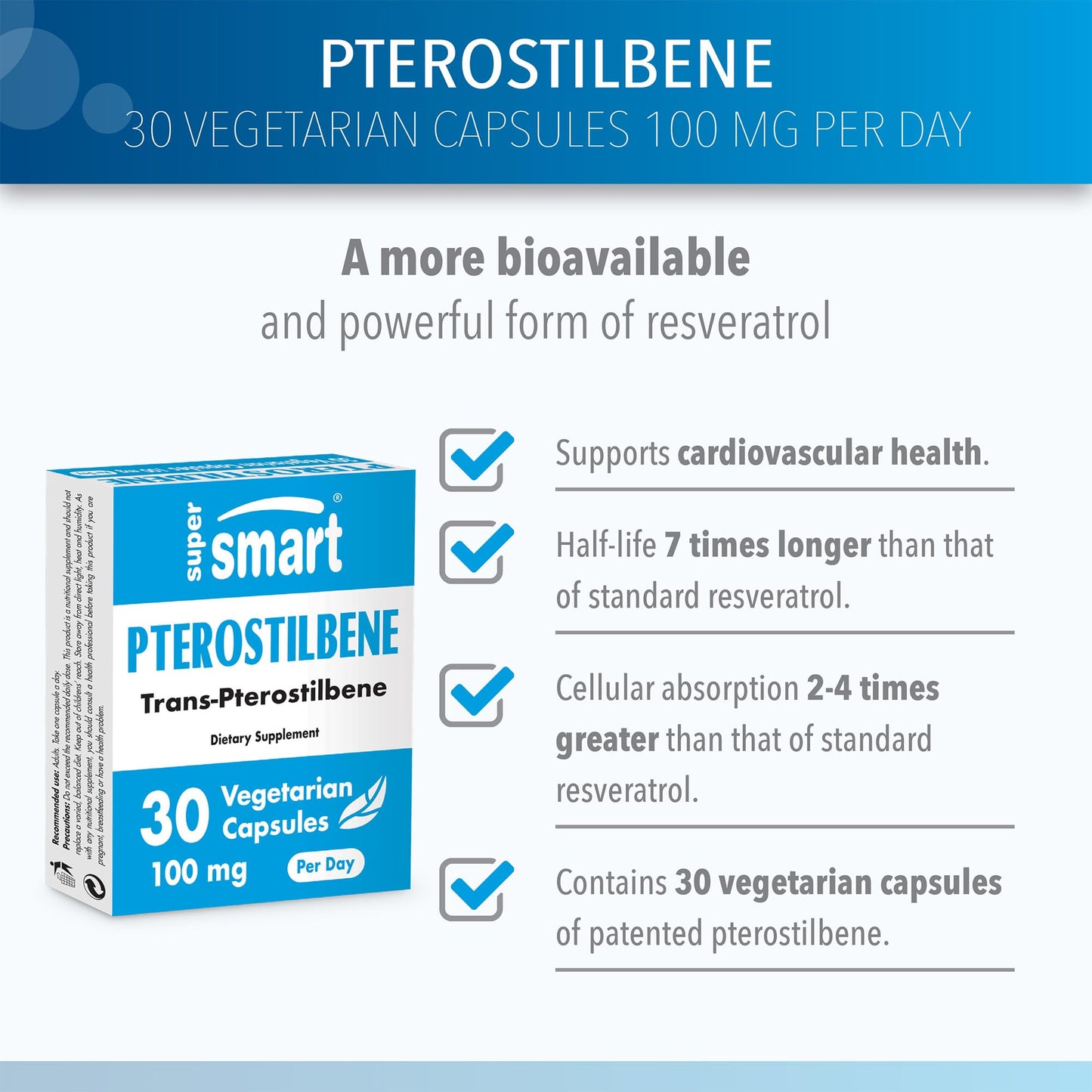 SUPERSMART Supersmart - Pterostilbene 100 mg Per Day - More Powerful Than Resveratrol Supplement - Anti Aging & Antioxidant - Metabolic Booster | Non-GMO & Gluten Free - 30 Vegetarian Capsules