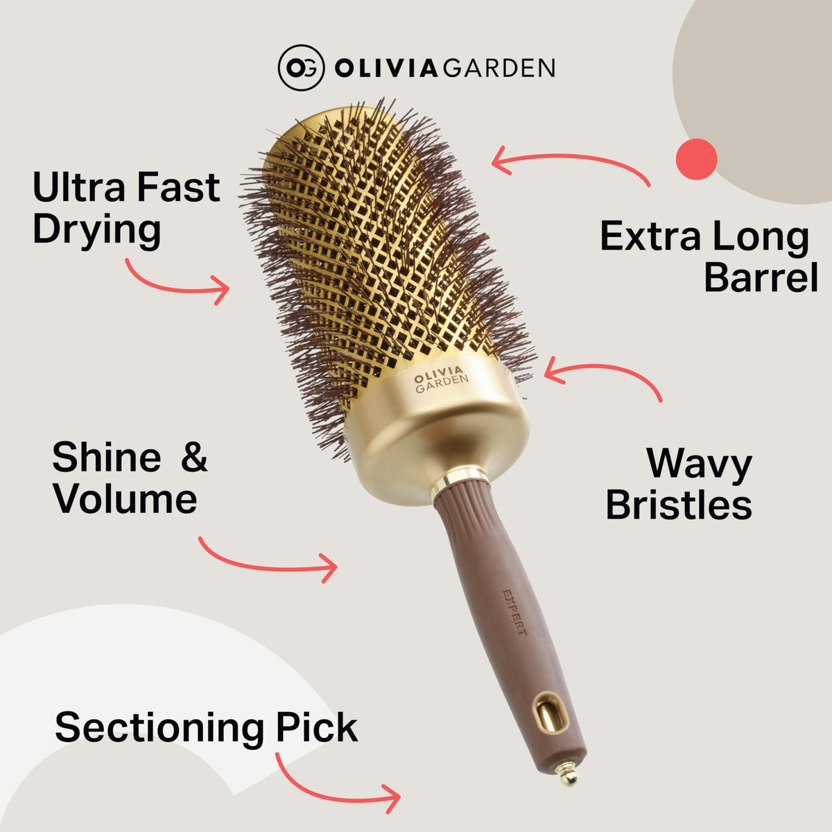 Olivia Garden Expert Blowout Speed – Gold & Brown - 65 - Ceramic Coated Round Brush with Extra Long Barrel for 25% Faster Blowouts