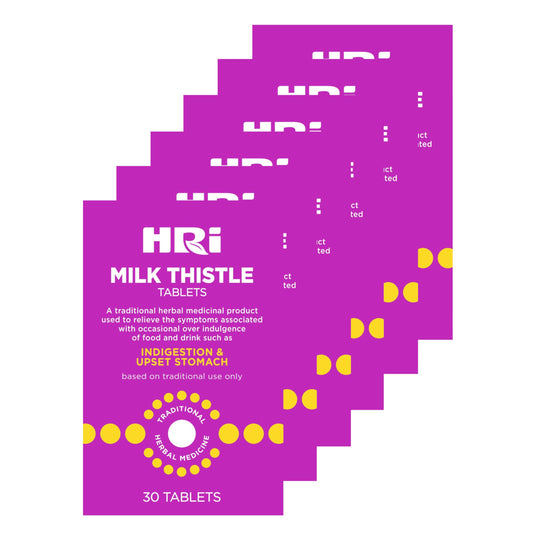 HRI Milk Thistle 30 Tablets - to Relieve Symptoms Associated with Over Indulgence of Food and Drink Such As Indigestion and Upset Stomach. 300 mg of Milk Thistle Extract. 6 Packs