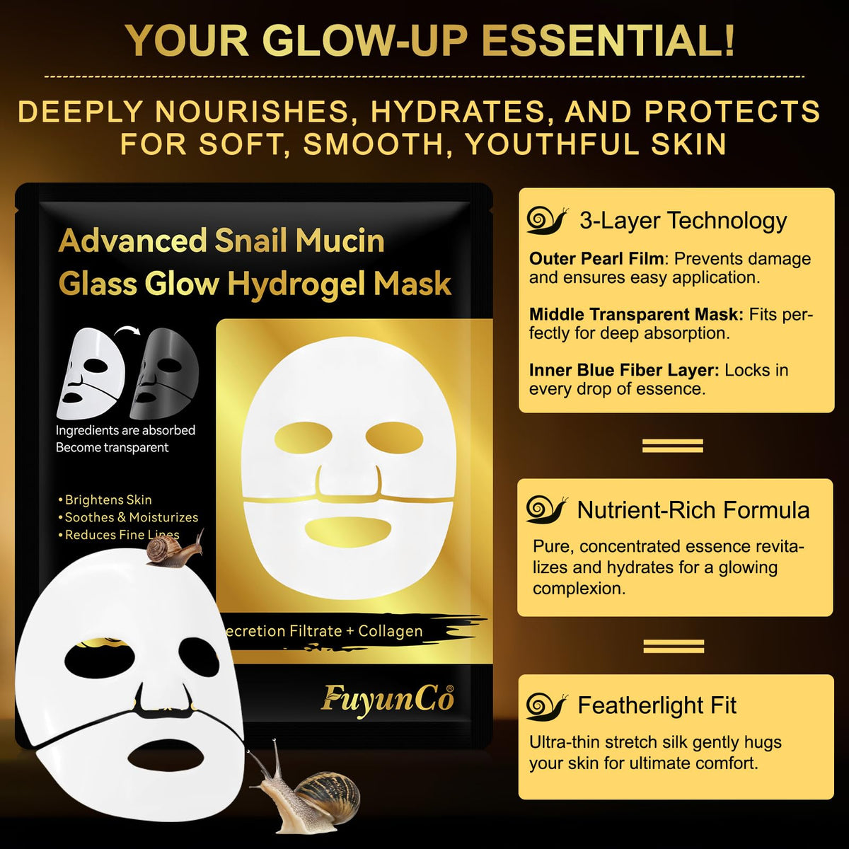 FuyunCo Advanced Snail Mucin Glass Glow Hydrogel Face Masks,Snail Mucin Hydrating Face Masks 4pcs,Deep Moisturizing Overnight Face Mask,Rejuvinating Glass Skin Face Mask,Collagen Face mask for Anti Aging