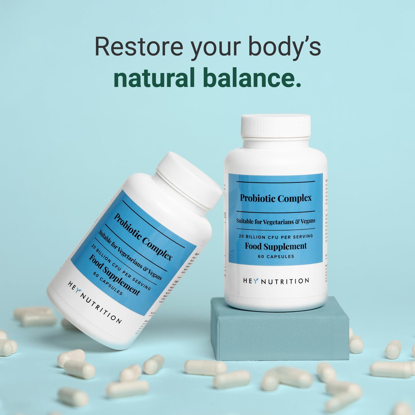 Hey Nutrition Probiotic Complex Supplement - 20 Billion CFU - Suitable for Vegetarians & Vegans - Supports Gut & Skin Health, Improves Immune Response - UK Manufactured - 3 Pack - 180 Vegan Capsules