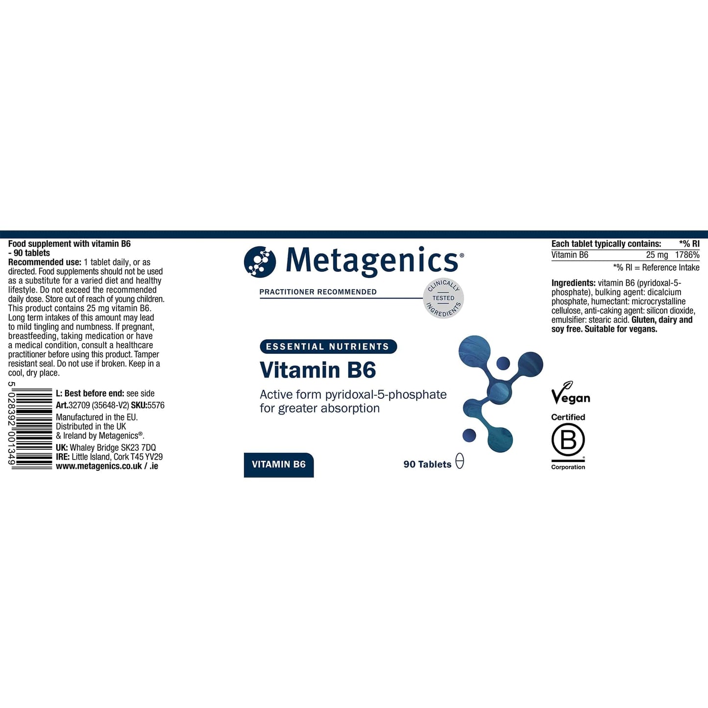 Metagenics Vitamin B6 Active Form - Vegan & Gluten Free Supplement - 90 Tablets