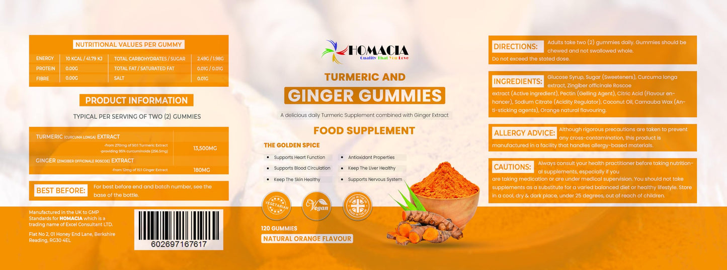 Homacia Turmeric and Ginger Gummies | Natural Orange Flavor | High Strength Ginger and Turmeric Gummies for Adults | Supports Joint and Bone Health | Non-GMO, Vegan Friendly | UK Made | 120 Gummies