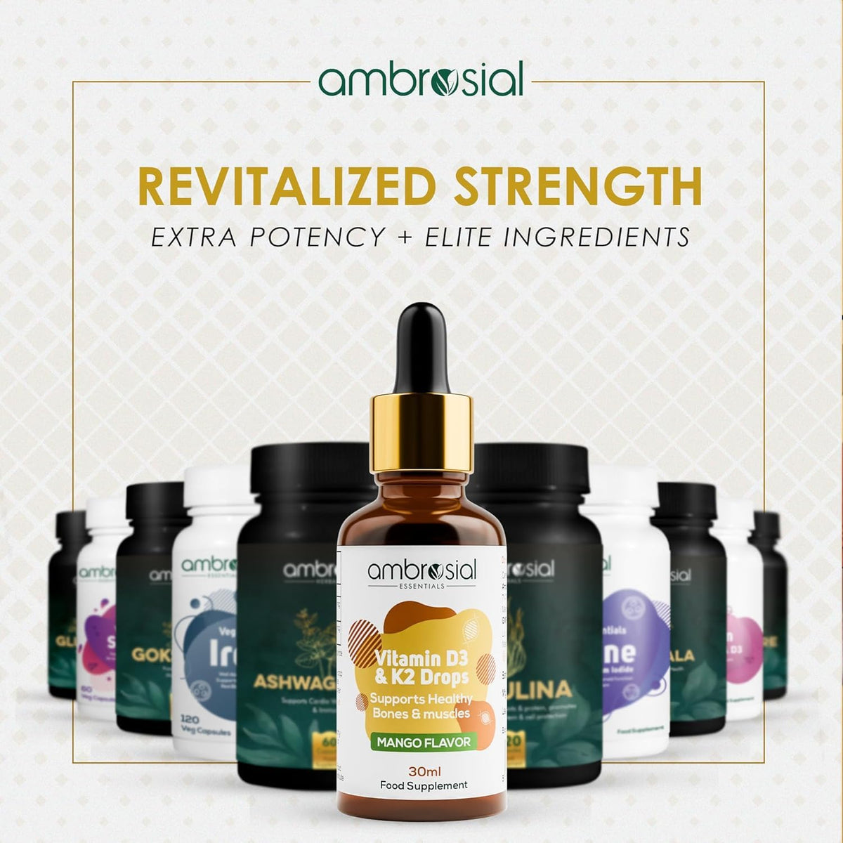 AMBROSIAL Ambrosial Vitamin D3 + K2 Drops – High Strength Liquid Supplement for Adults & Kids – 500 IU Vitamin D3 + 50 mcg Vitamin K2 – Mango Flavour, Gluten Free, Non-GMO, Easy-to-Take Vitamin D Liquid – 30 ml