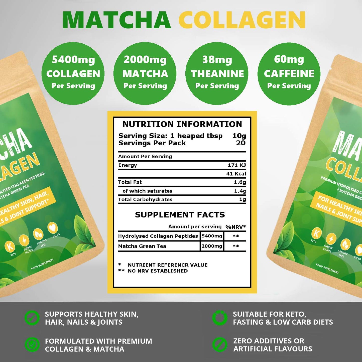 OZUNA NUTRITION Matcha Collagen Powder with L-Theanine & Natural Caffeine | Gluten & Dairy Free | Matcha Green Tea with Collagen Peptides, 200g