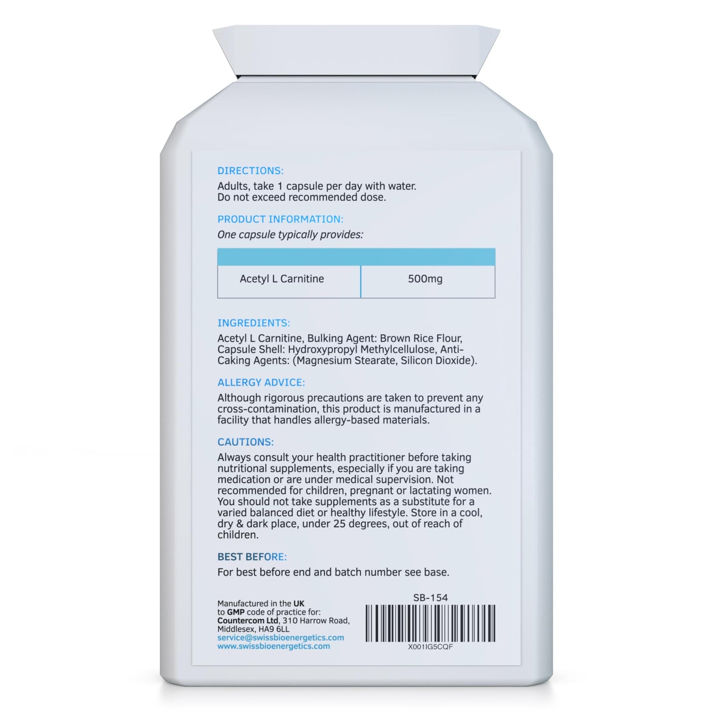 swiss bioenergetics Acetyl-L-Carnitine 500mg 90 Capsules - High-Strength ALCAR with no D-carnitine - Made in The UK - Suitable for Vegans