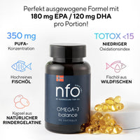 NFO Omega 3 Balance [90 Capsules] High Dose Fish Oil with High DHA Concentration in the Form of Triglycerides with Vitamin E Natural Complex of Freshly Caught Wild Fish Made in Finland