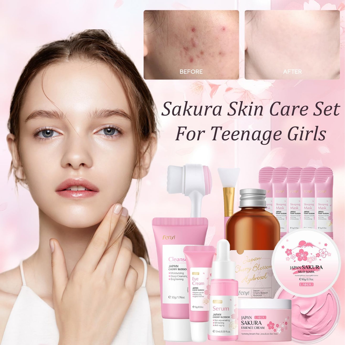 Shengqialun Skin Care Sets & Kits Sakura, Skin Care Sets For Teenagers, Gifts For Teenage Girls Pamper Sets For Women Basic Skin Care Moisturizing Set With Mud Mask, Cleanser, Serum, Cream