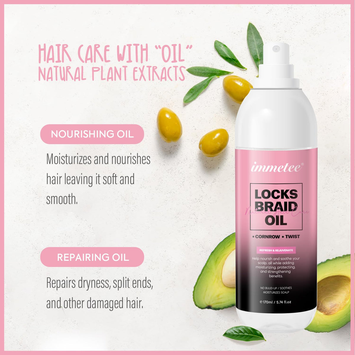 immetee Locks Braid Oil, Refreshes Dry & Itchy Scalp, Braid Oil for Braids, Locks, Twists, Cornrows, Promotes Stronger Edges & Adds Shine to Braids. 170ml/5.74fl oz