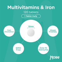 Multivitamin & Iron 120 Tablets for Men & Women | Vitamin B, C, D, E and Iron | Immune Support & Daily Wellbeing Multivitamins | Vegan | MOBU UK