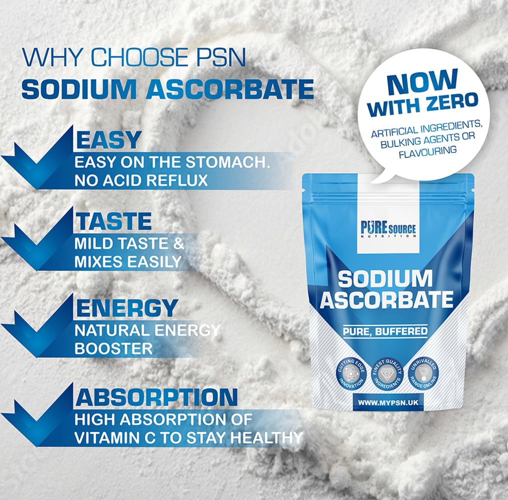 Pure Source Nutrition Pure Sodium Ascorbate Food Buffered Vitamin C L Ascorbic Acid Powder Food Grade 250g Vegan Supplements
