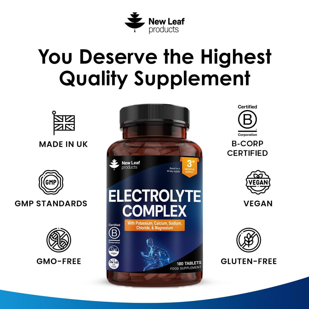 NEW LEAF PRODUCTS Electrolytes Tablets - High Strength Rehydration Tablets - with Potassium, Calcium, Sodium, Chloride, and Magnesium Fasting Keto Electrolytes Vegan Made in UK