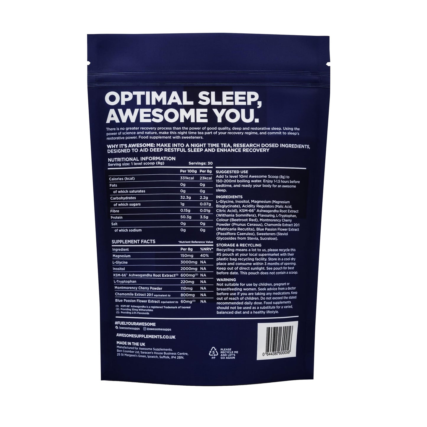 Awesome Supplements - Awesome Sleep Recovery Formula with Magnesium, Ashwagandha & Chamomile Extract (241g, Berry Tea)
