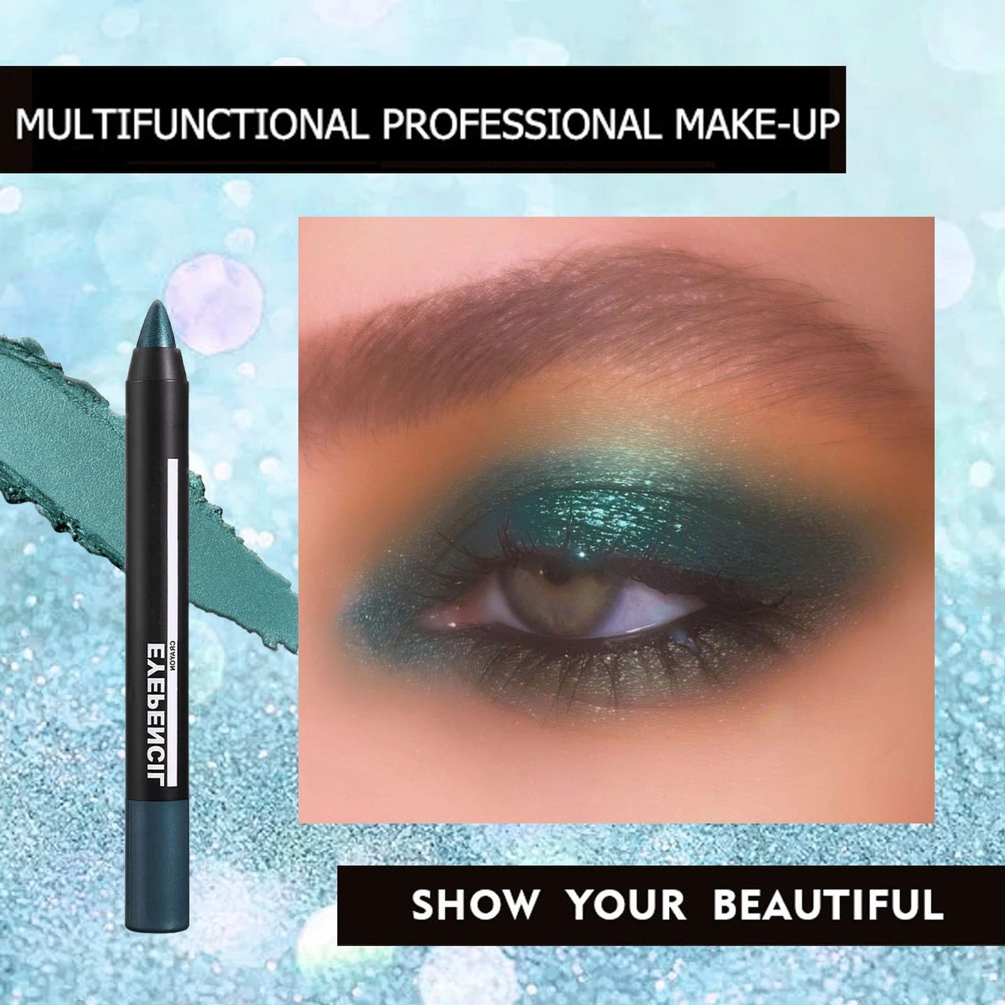 LYNTYAOU Green Shimmer Eyeshadow Stick, Jungle Green Eye Shadow Pencil, Creamy Metallic Glitter Eye Makeup Crayon, Deep Blue Color Highlight Brightener Pen, Smooth High Pigmented Eyeliner