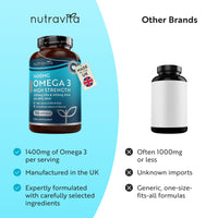 Nutravita Highest Strength Omega 3 Fish Oil 2000mg - Providing 1000mg EPA & 400mg DHA per Serving - Sustainably Sourced & Contaminant Free - Made in The UK