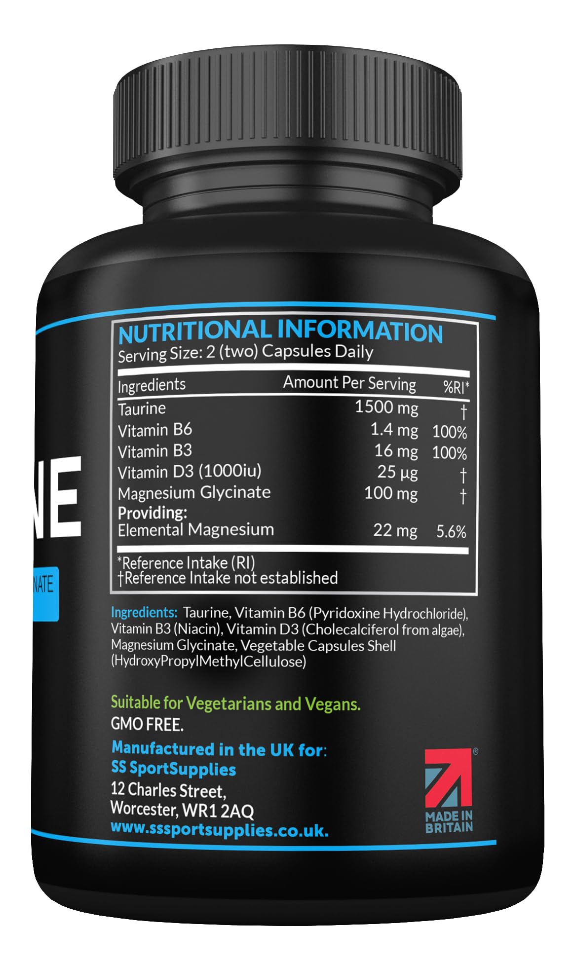 SS Sport Supplies Taurine Supplement 1500mg Capsules Per Serving - Added Magnesium Glycinate, Vitamin B6, B3 and Vitamin D3-120 High Strength Taurine Capsules - (2 Capsules Per Serving)
