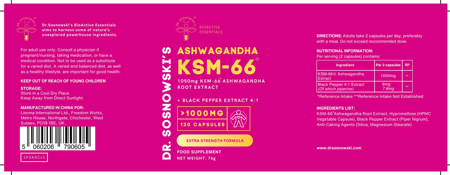 Dr. Sosnowski's BioActive KSM-66 Ashwagandha Capsules | 1050mg KSM-66 Ashwangandha with Black Pepper Extract, Extra Strength Formula (120 Capsules)