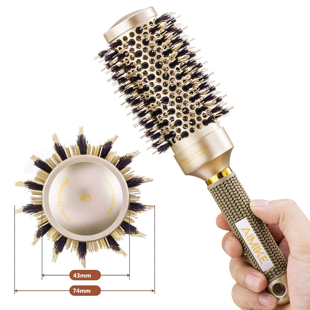 AIMIKE Round Hair Brush, Nano Thermal Ceramic & Ionic Tech Round Brush, Blow Dry Hair Brush with Boar Bristles, Barrel Brush for Styling, Curling, Add Volume & Shine (2.9 inch, Barrel 1.7 inch)