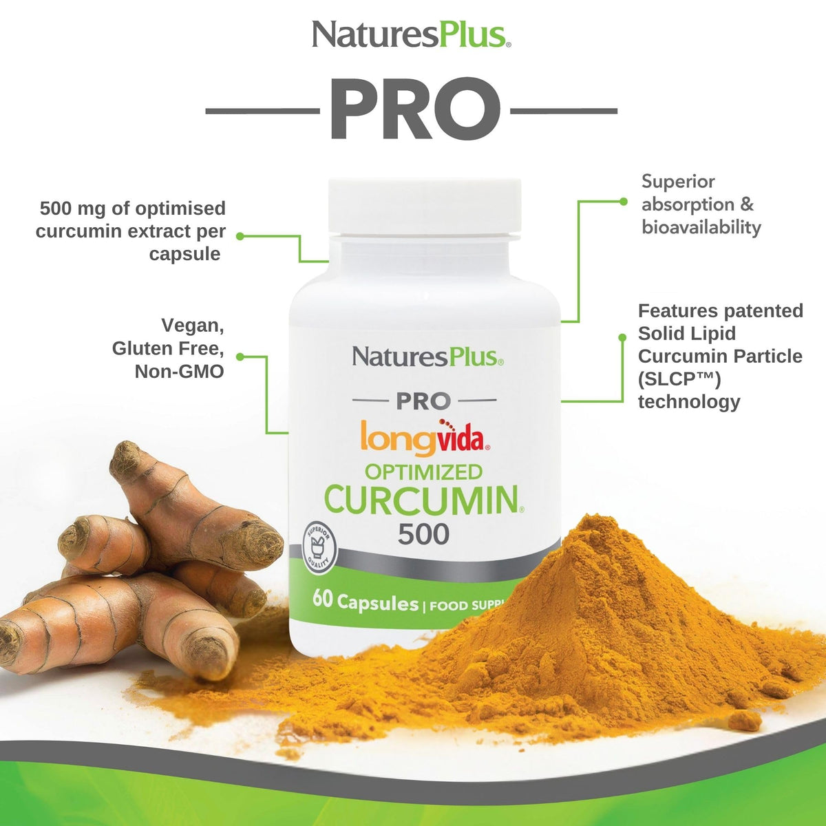 Nature's Plus NaturesPlus PRO Optimized Curcumin Longvida 500 mg Capsules - Superior Absorption Turmeric Extract Supplement - One a Day, Vegan, Gluten Free - 60 Capsules