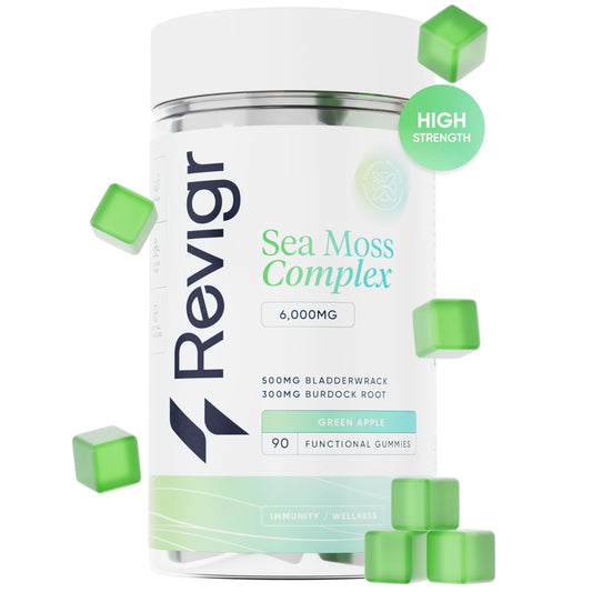 Revigr, Max 6000mg, 90 Sea Moss Gummies, Added 500mg Bladderwrack & 300mg Burdock Root, Immune & Gut Support, Vegan & Sugar-Free, Green Apple Flavour (1 Month Supply)