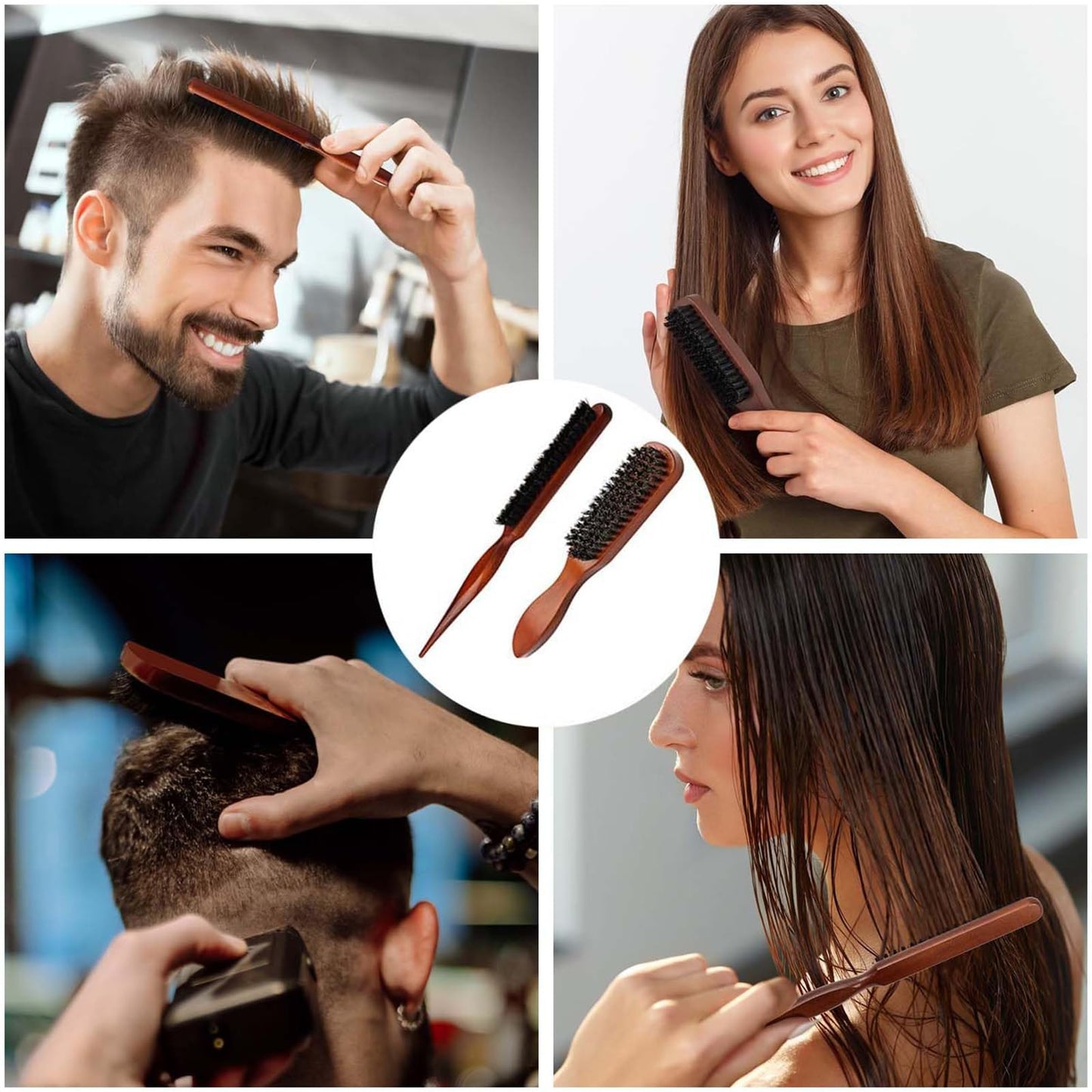 Bdeutrophic 2 Pcs Boar Bristle Hair Brush, Slick Back Hair Brush Slick Back Brush, Comb and Shear Tools Comfortable Grip Easy to Carry, Suitable for Trimming and Combing Long Thick Curly Thin Thick Hair Beard