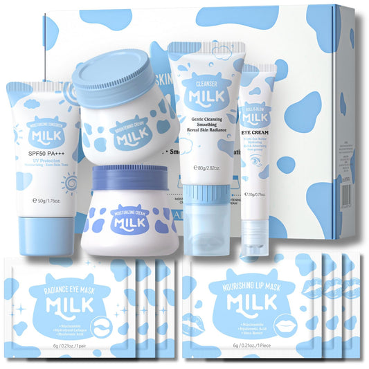 Trendyfave Milk Skincare Set, Milk Skin Care Sets & Kits for Teenage Girls with Cleanser, Day Cream, Night Cream, Eye Cream, Sunscreen, Eye Mask , Lip Mask Facial Kits for Women