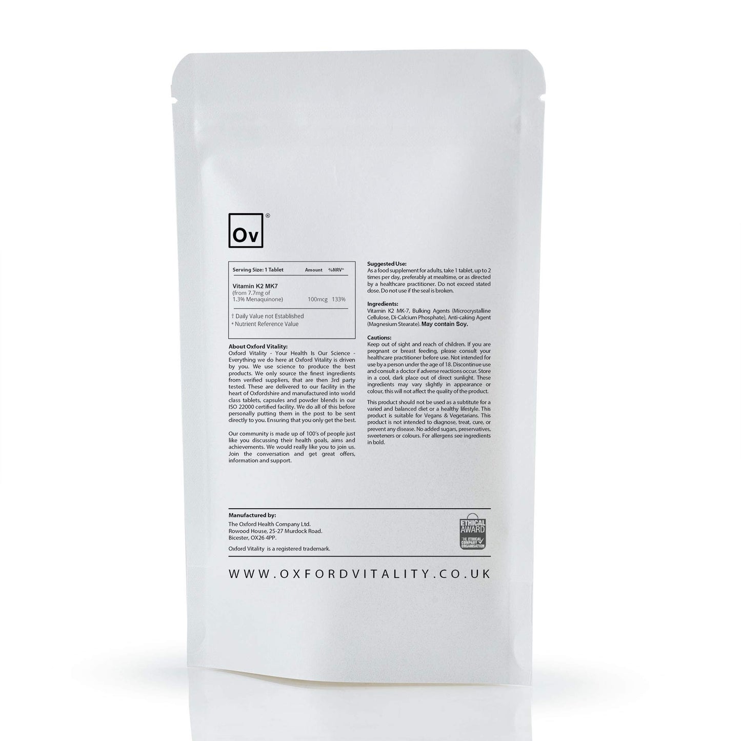 Ov OXFORD VITALITY Vitamin K2 (Mk-7) Tablets | 100 mcg | 500 Tablets | Oxford Vitality UK