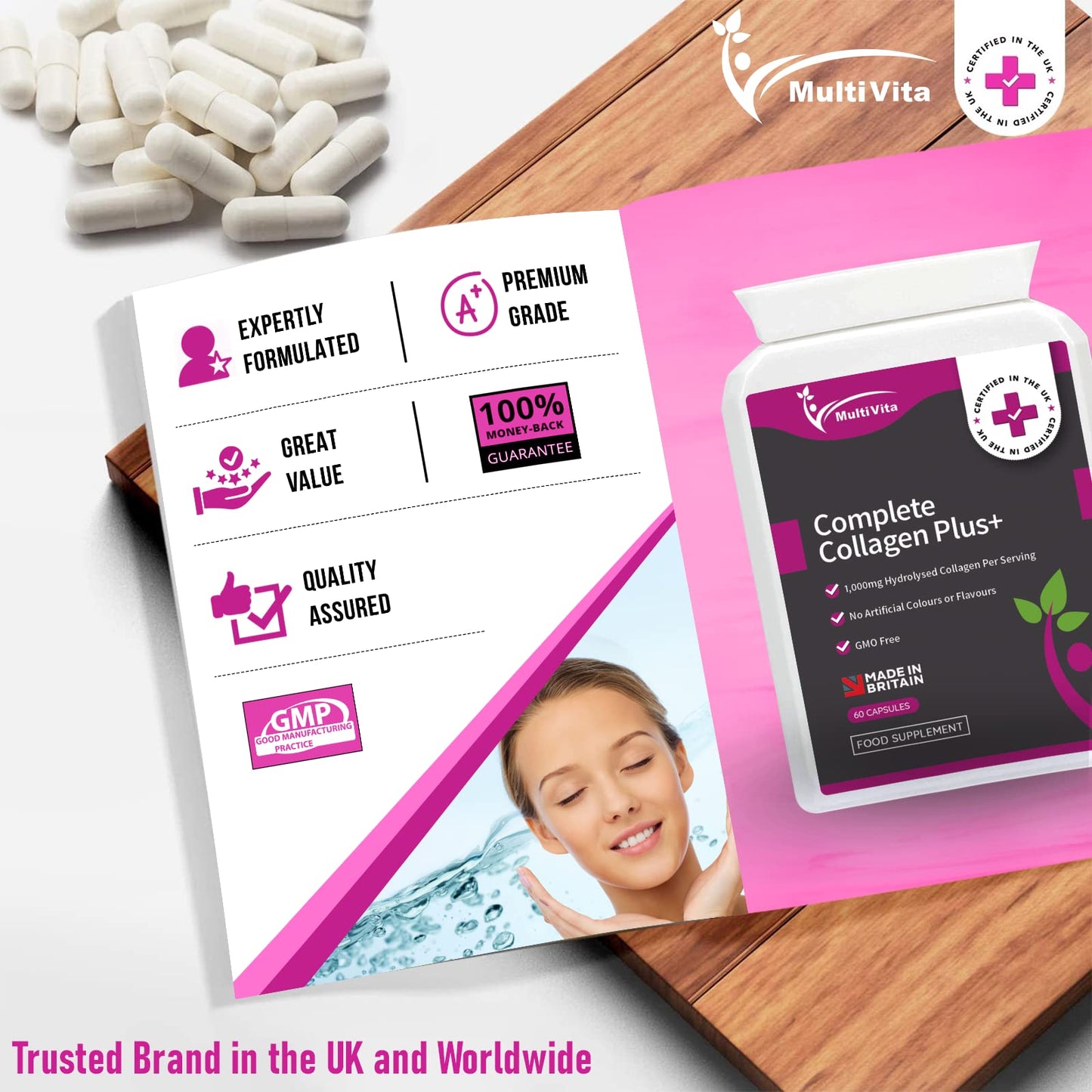 Multivita Complete Collagen Plus+ 1000mg - 60 Capsules - Hyaluronic Acid, Biotin, Vitamin C, E, Iodine + More