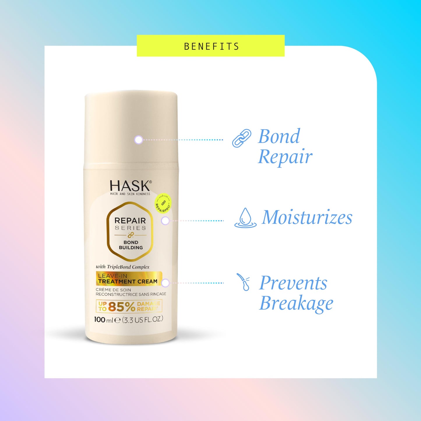 HASK Bond Building Leave-In Treatment Cream with TripleBond Complex & Argan Oil, Repairs Damage, Prevents Breakage, Adds Moisture, Sulfate-Free, Cruelty-Free, Colour-Safe – 100 ml