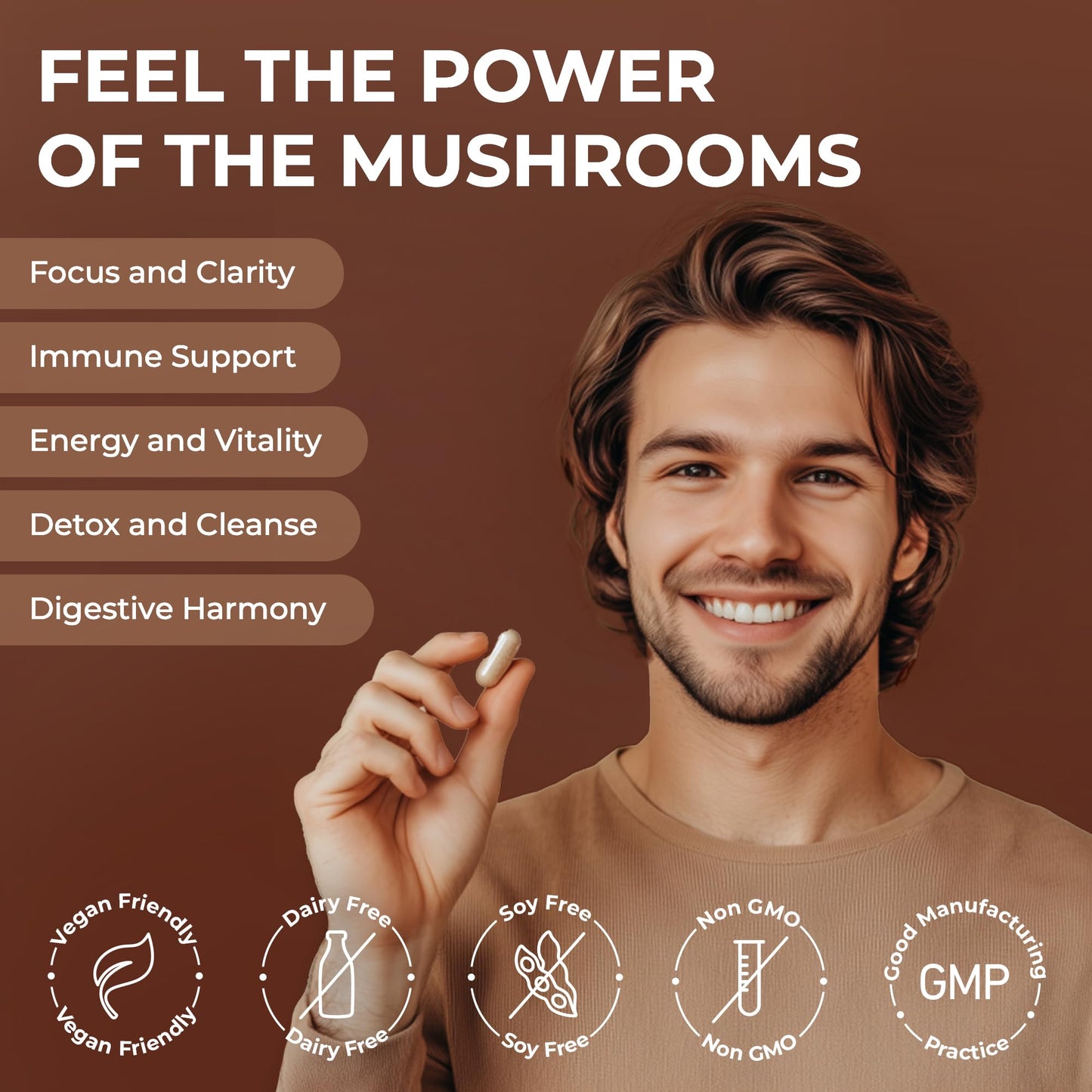 NaturesVits 6 Mushroom Supplement with Ashwagandha, 120 Capsules - Lions Mane, Cordyceps, Shiitake, Reishi, Chaga and Maitake - Complex Mood, Focus and Brain Support Herbal Nootropic - 40% Polysaccharides
