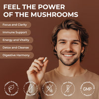 NaturesVits 6 Mushroom Supplement with Ashwagandha, 120 Capsules - Lions Mane, Cordyceps, Shiitake, Reishi, Chaga and Maitake - Complex Mood, Focus and Brain Support Herbal Nootropic - 40% Polysaccharides