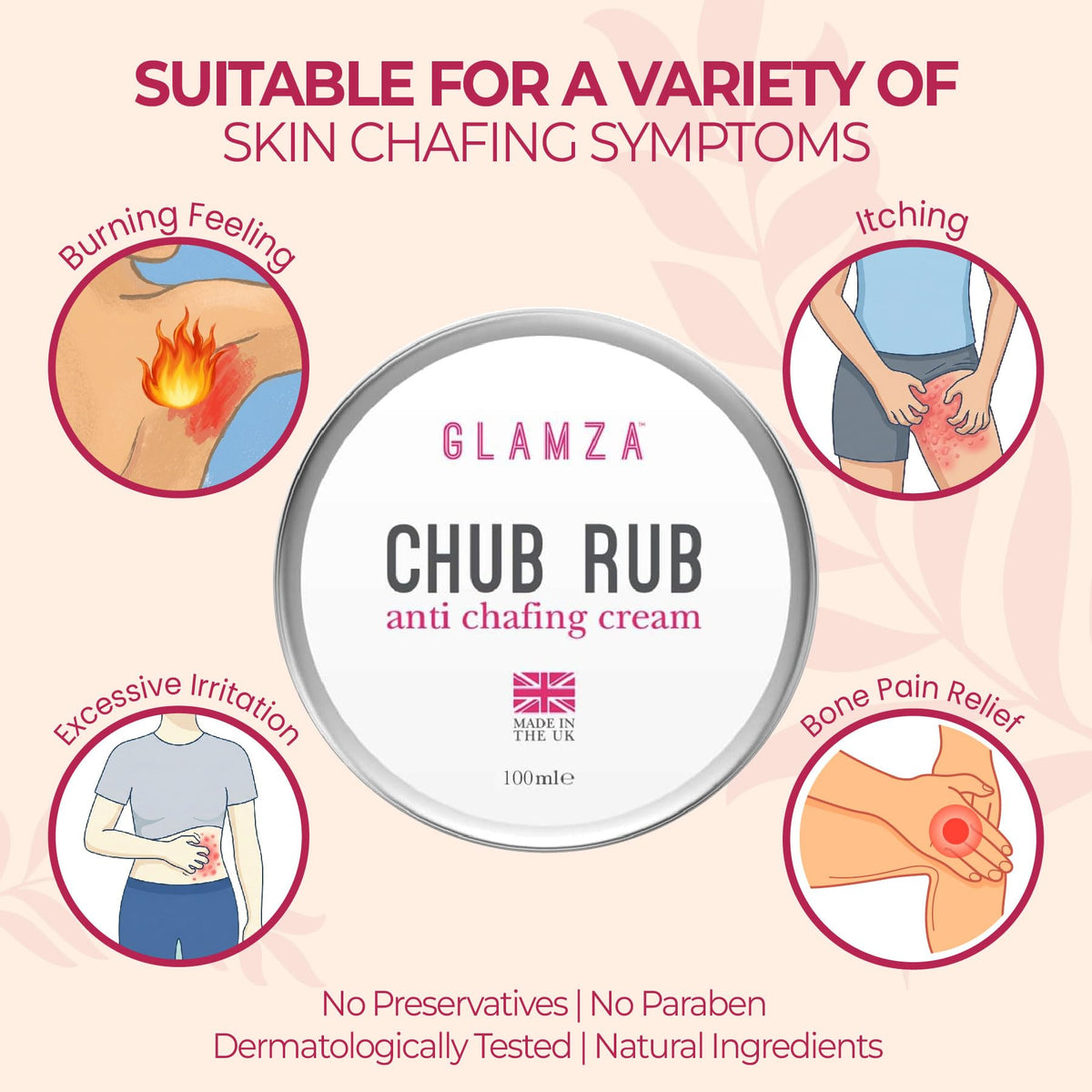 Glamza Chub Rub Anti Chafing Cream - Full Body Smooth Skin Solution for Sports, Running, Cycling & Everyday Use - Prevents Friction & Irritation on Thighs, Hands, Feet & Sensitive Areas | 100ml