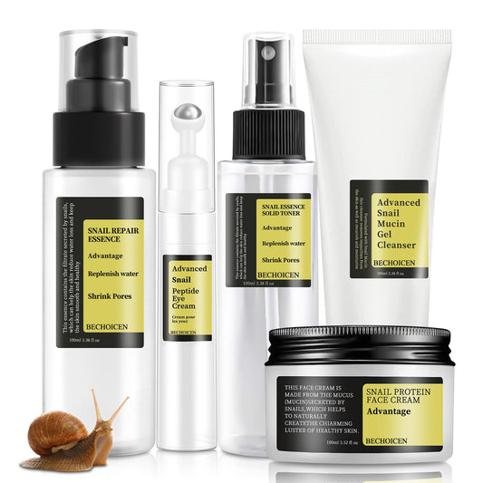 BECHOICEN Advanced Snail Mucin Skincare Set For Teen Girl, Anti Wrinkle & Repair Face Skin Care Gift Set With Face Wash, Toner, Serum, Face Cream, Eye Cream, 5PCS Peptides Snail Mucin Kit Travel Size For Women