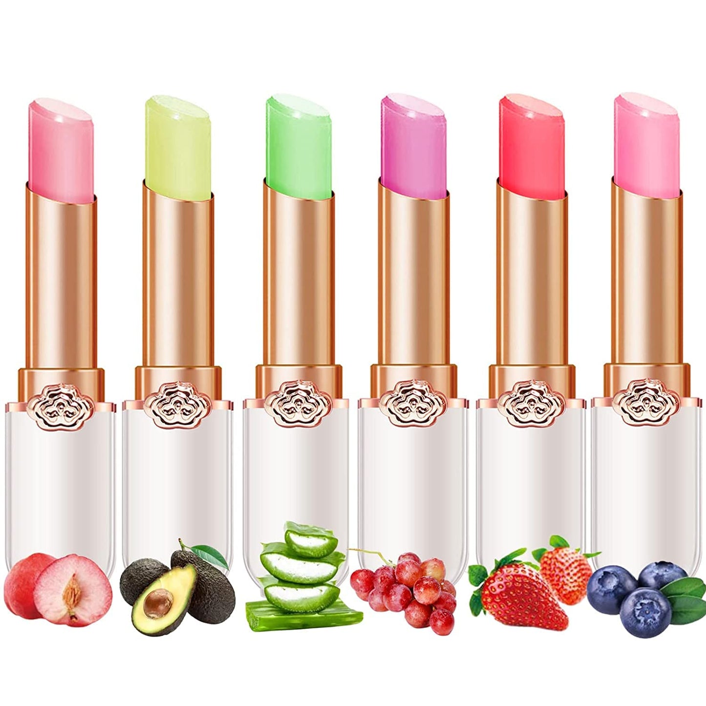 HOPHAT 6 Packs Jelly Lipstick Set, Fruit Color Change Lip Balm Set, Peach Aloe Vera Strawberry Blueberry Avocado Grape Color Change Lip Balm, Long Lasting Moisturizer Lip Makeup Set (6PCS)