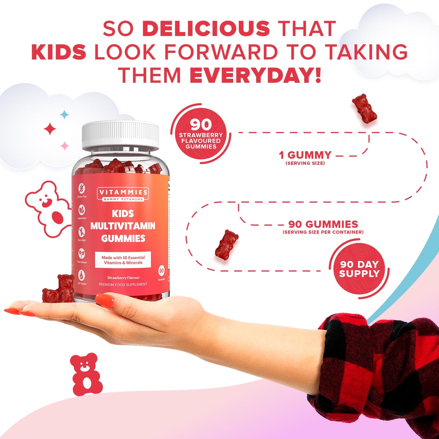 Vitammies Kids Vitamins | Kids Multivitamin Gummies | 3 Month Supply | 16 Essential Nutrients | Vitamin C, A, D3, B2, B6, B12, E, K, Biotin, Iodine, Zinc & More | Non-GMO, Vegetarian, Chewable, 90 Count, GMP