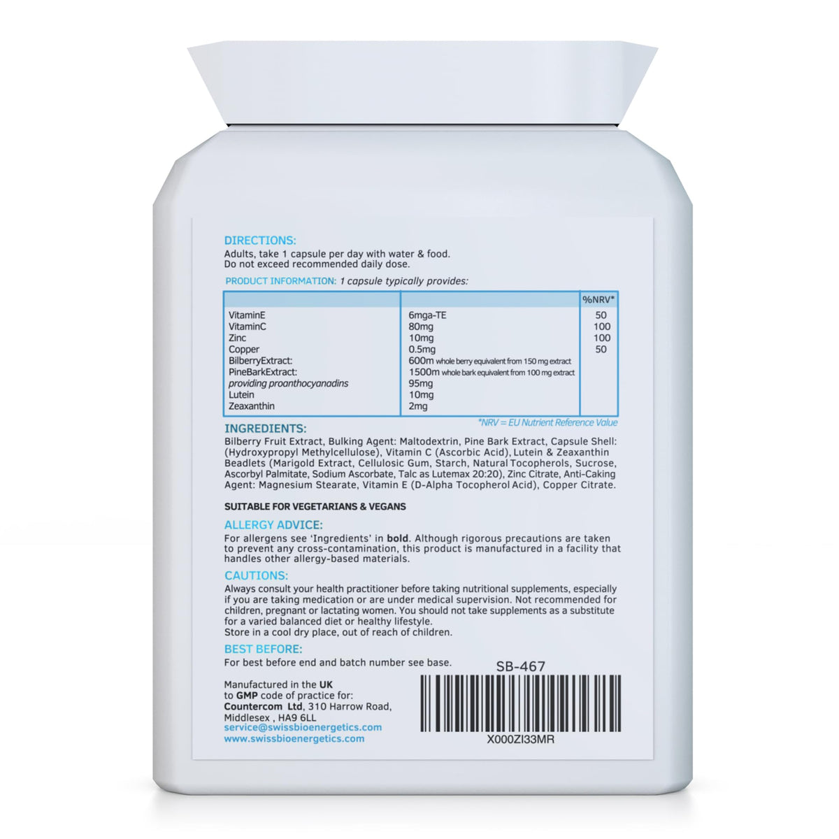 swiss bioenergetics MacuDefence Eye Health Supplement - AREDS 2 Plus Formula with Lutein, Zeaxanthin, Bilberry, Pine Bark and Essential Eye Vitamins & Minerals - Supporting Vision & Macular Health - 60 Capsules UK Made