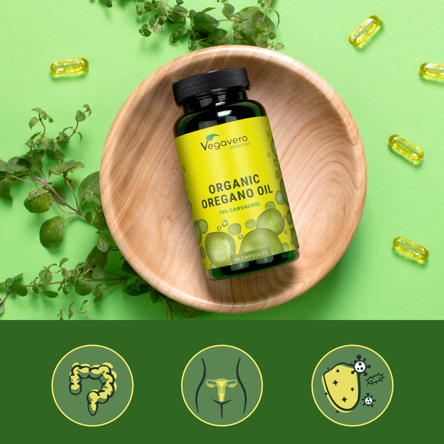 Vegavero Organic Oregano Oil Capsules | Vegan | 90 mg Carvacrol, 3 mg Thymol | Cold-Pressed & Essential | NO Additives, Lab-Tested