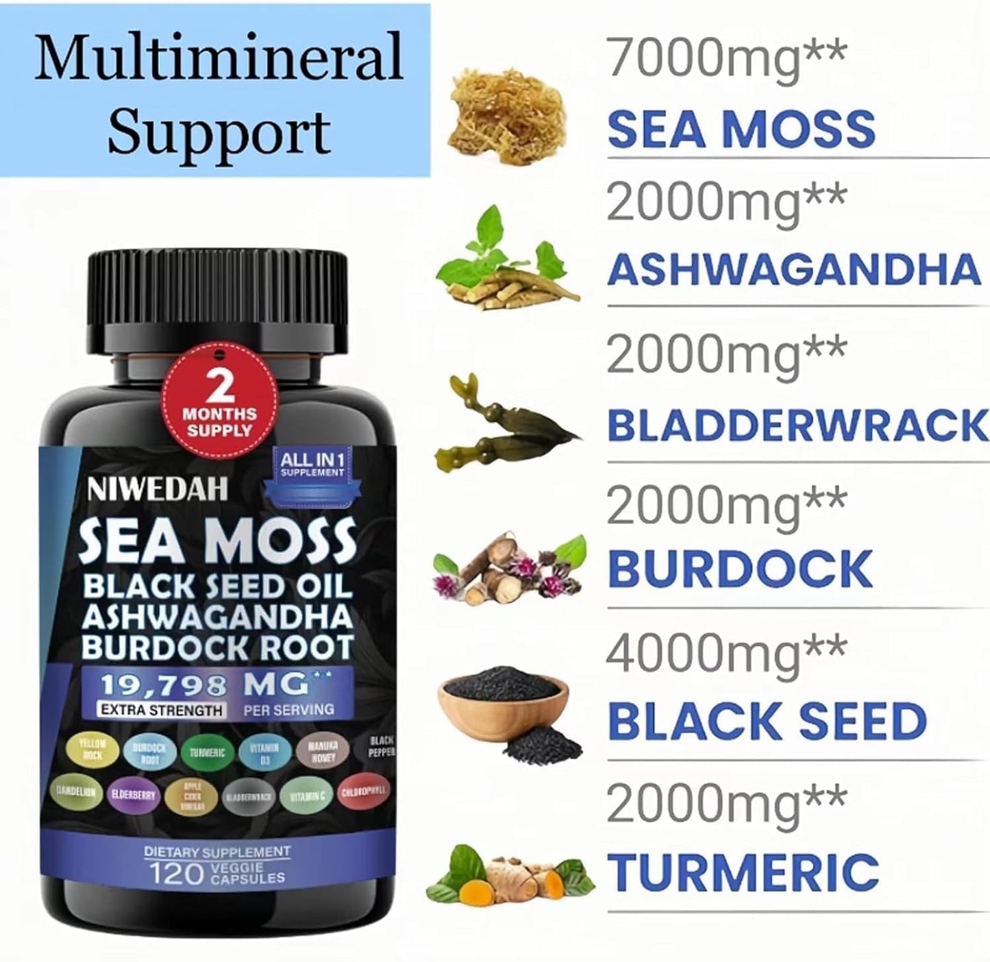 NIWEDAH Sea Moss 7000mg Ashwagandha 2000mg Black Seed Oil 4000mg Turmeric 2000mg Bladderwrack 2000mg Burdock 2000mg & Ginger Vitamin C Vitamin D3 with Elderberry Manuka Dandelion Yellow Dock (120 Capsules)