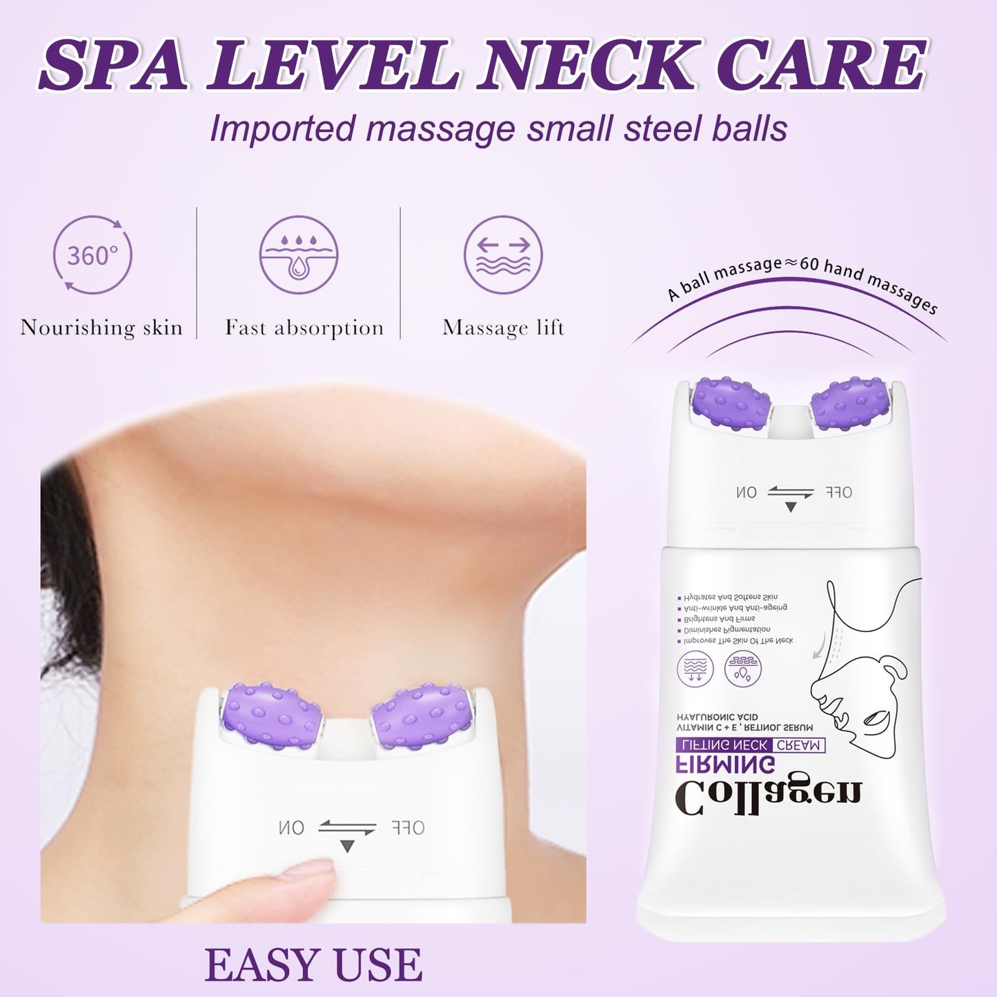 Ledeak Neck Creams for Firming Roller, Moisturizing Collagen Neck Tightening Cream, Anti Aging Lifting Body Moisturizer with Roller, Anti Wrinkle Collagens Neckcream, Reduces Wrinkles & Double Chin