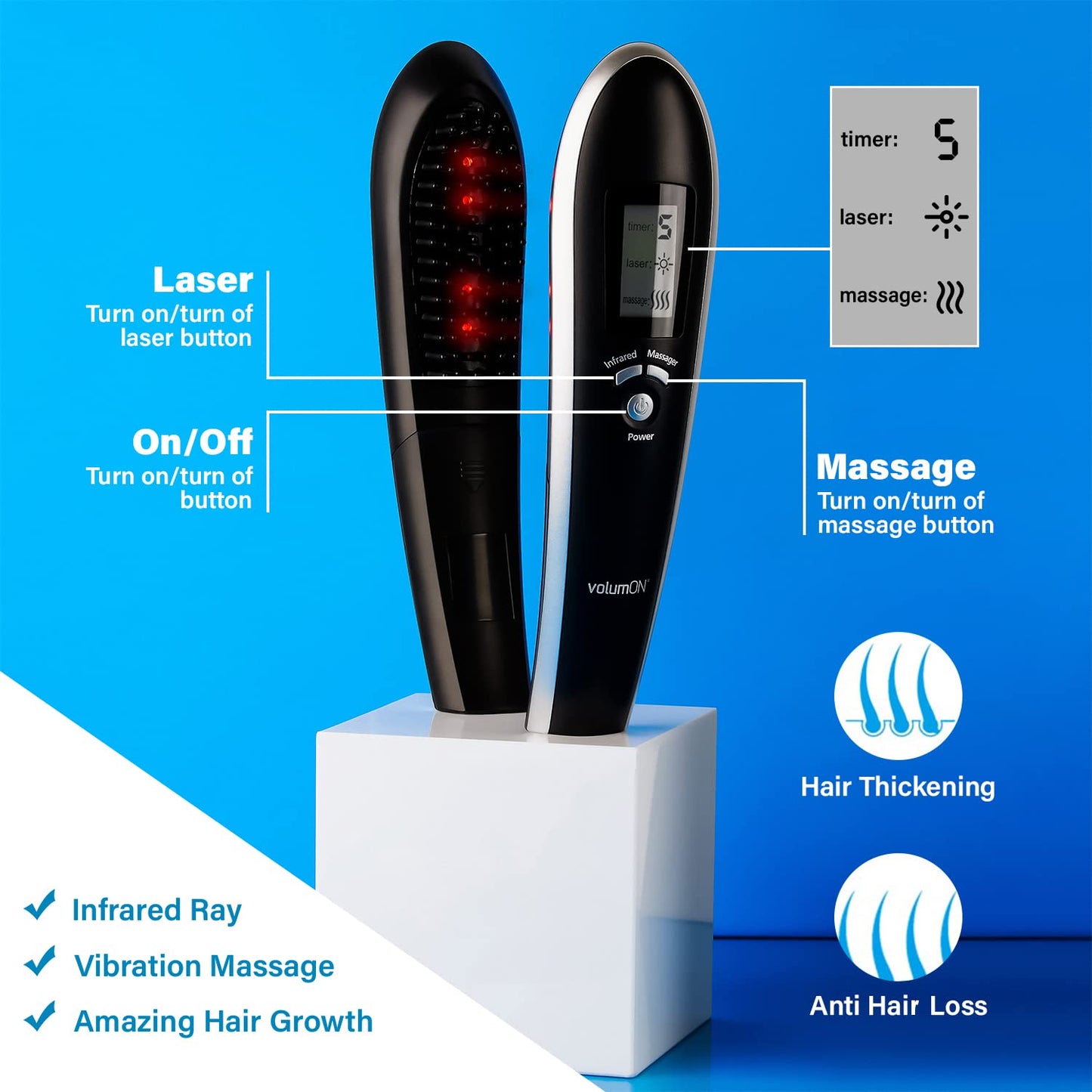 Volumon Electric Laser Massage Comb For Hair Growth Regrowth Hair Thickening & Strengthening With Massager & Infrared & Digital LCD Screen- Daily Home Use