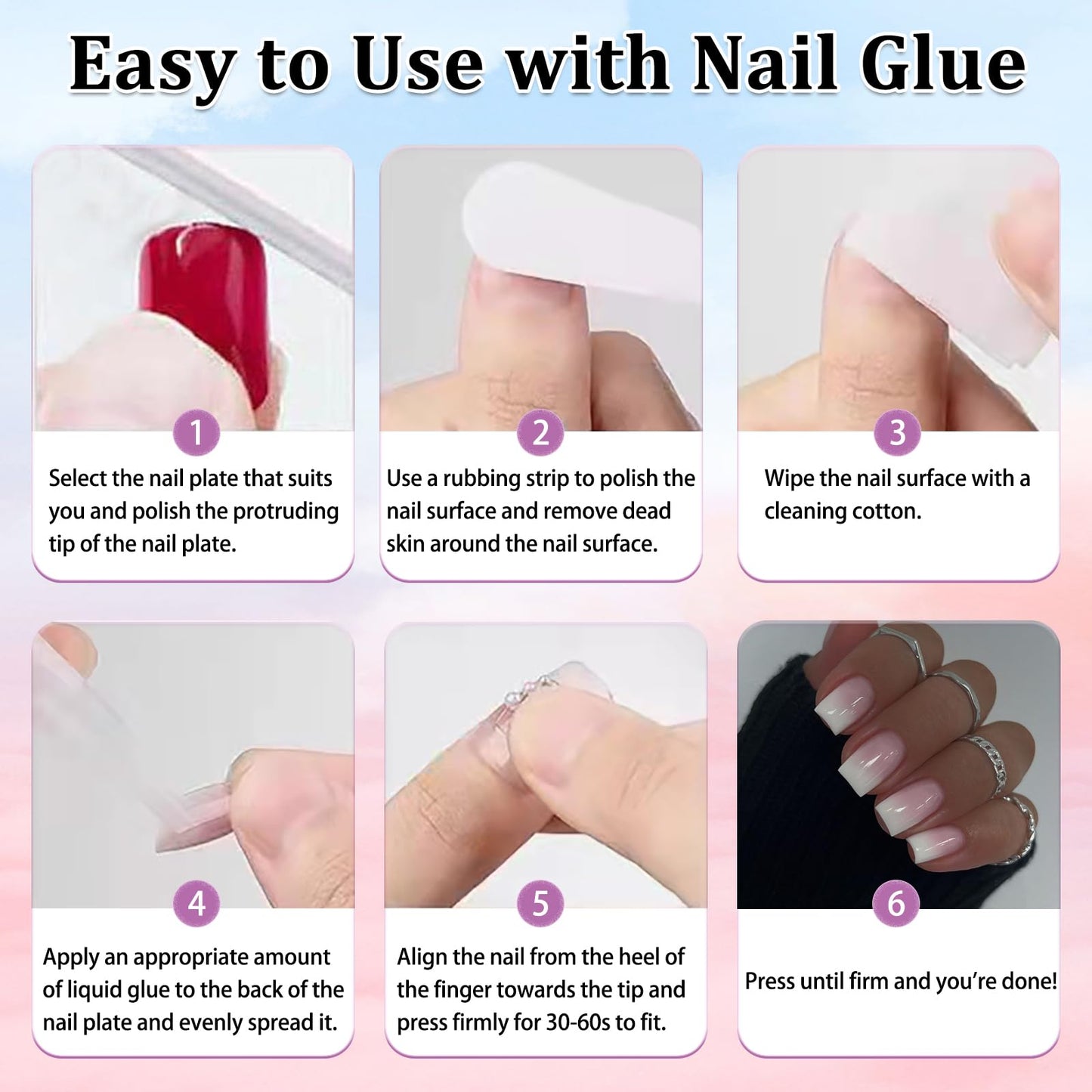 NLFOX 24PCS Ombre Press on Nails - Short Square False Nails with Glue - Nude Stick on nails for Women - Gradient Fake Nails 12 Sizes - Full Cover Glue on nails Long Lasting for DIY Manicure at Home